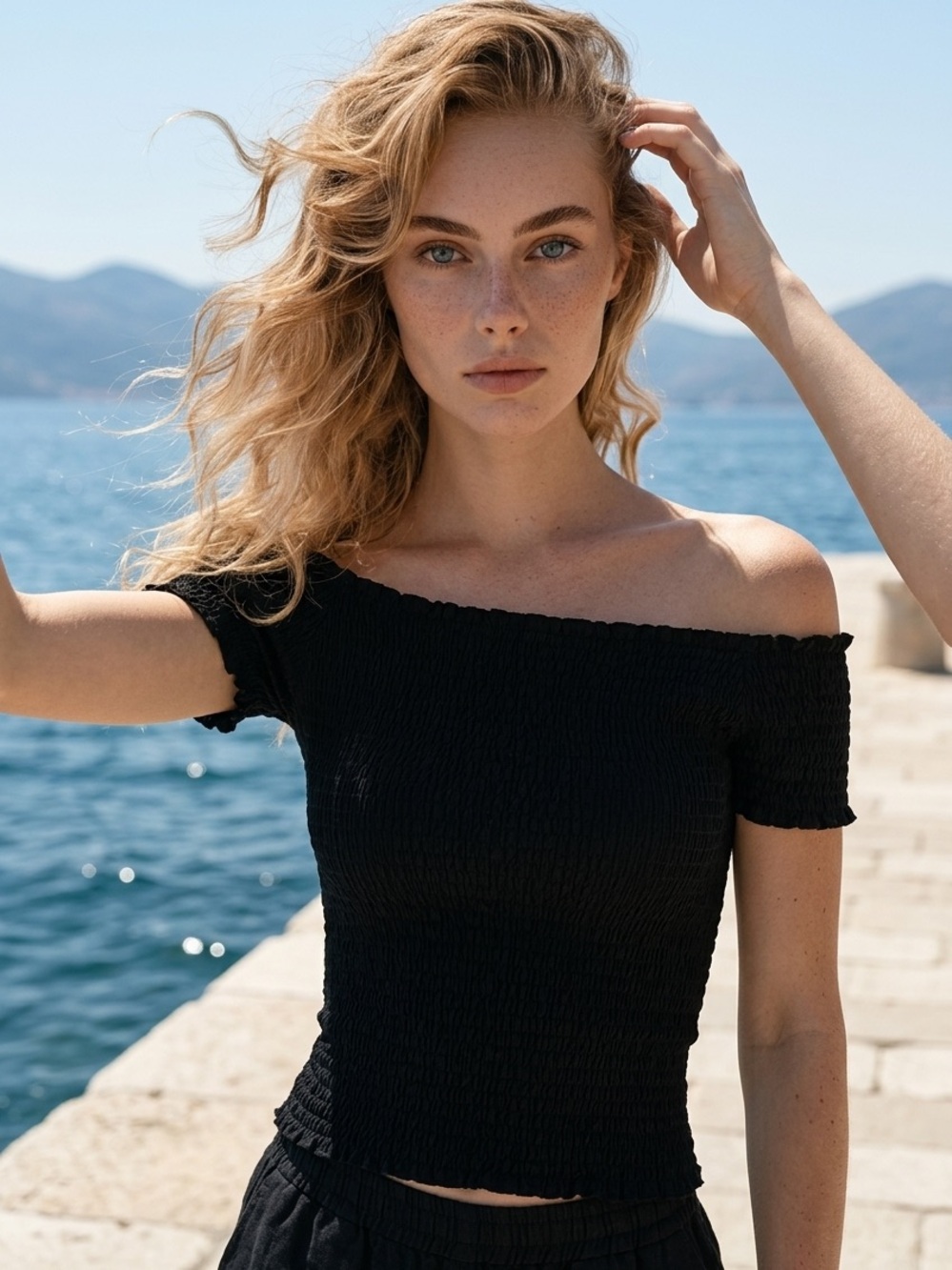 Black One-Shoulder Smocked Crop Top